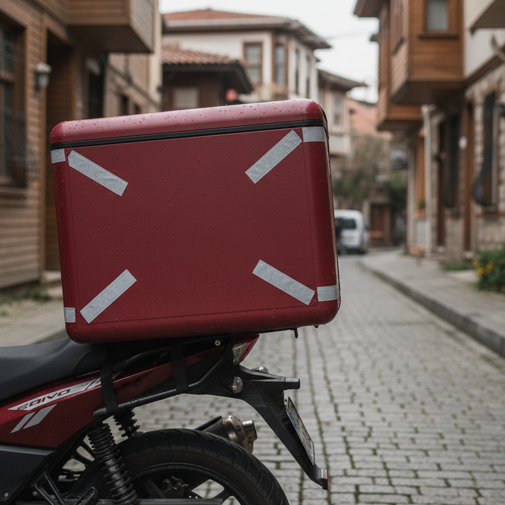 A close-up photographic view of a sturdy rectangular delivery box securely mounted on the rear of a motorcycle, its smooth waterproof surface in matte dark red with reflective safety strips catching the light. Tiny water droplets cling to the box, suggesting all-weather reliability. The motorcycle’s rear wheel, suspension, and exhaust are sharply detailed, showing rubber tread and metallic textures. The setting is a narrow, slightly uphill Istanbul side street on the Anatolian side, with cobblestone patterns and soft-focus traditional buildings in the background. Overcast daylight creates diffused, shadow-free lighting, giving a calm yet highly professional atmosphere. Shot from a slightly elevated angle with a shallow depth of field, the box occupies most of the frame, symbolizing secure, fast package delivery.