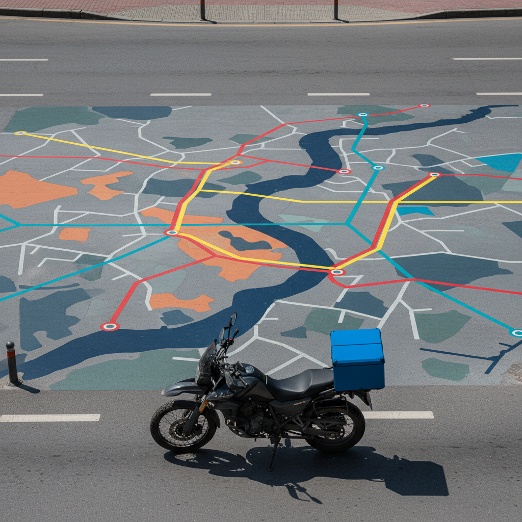 A high-angle, photographic bird’s-eye view of a dark gray delivery motorcycle stopped at an intersection, next to a large, stylized city map painted on the asphalt representing the European and Anatolian sides of Istanbul divided by the Bosphorus. The motorcycle’s compact, boxy cargo unit is bright blue with a smooth, modern finish, contrasting with the muted street tones. Soft midday sunlight from above creates crisp, minimal shadows, emphasizing clean lines and clarity. Colored route lines and abstract map shapes on the ground suggest optimized delivery paths without using any text. The composition is balanced with the motorcycle in the lower third, creating a strategic, organized mood that conveys route planning and local expertise, all rendered in realistic, high-resolution photographic style.