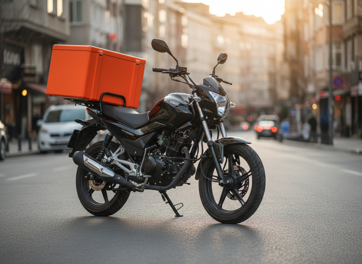 A sleek, modern delivery motorcycle with a glossy black body and bright orange insulated cargo box, parked at a slight angle on a clean city street in Istanbul. The motorcycle’s chrome details and rubber tires are rendered in crisp photographic realism, with subtle reflections on the polished fuel tank. In the background, blurred outlines of Istanbul apartment buildings and shopfronts hint at a busy neighborhood on the European side. Late afternoon golden-hour sunlight casts soft, elongated shadows and highlights the contours of the bike, creating a professional, reliable mood. Shot at eye level with a shallow depth of field, the motorcycle is centered in the frame, conveying speed, precision, and readiness for fast delivery without any human figures present.