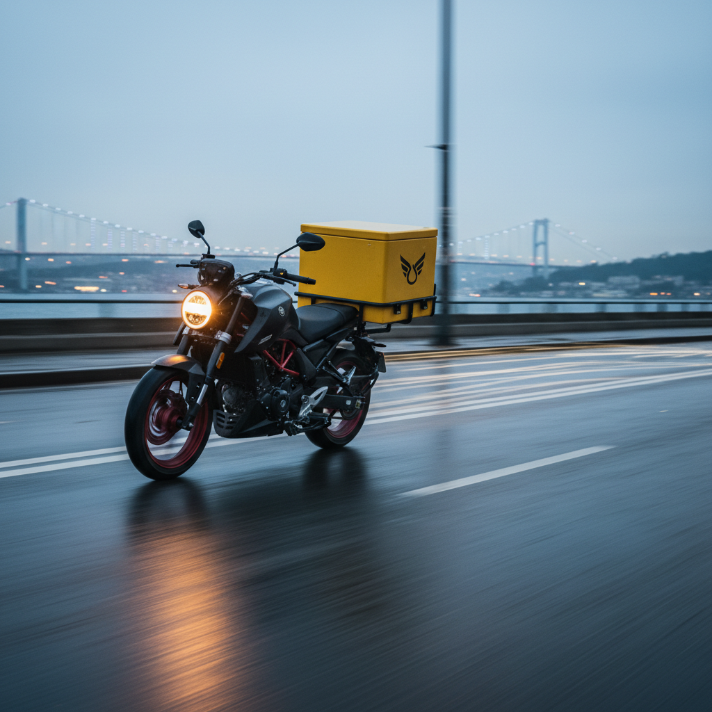 A dynamic photographic scene of a delivery motorcycle leaning into motion on an empty Istanbul street at dawn, its bright yellow cargo box and streamlined black frame in sharp focus. The asphalt surface shows fine texture and faint reflections from recent rain. A subtle, blurred silhouette of the Bosphorus and distant bridges suggests a connection between the European and Anatolian sides. Cool blue early-morning light mixes with warm headlamp glow, creating a sense of urgency and speed. Captured from a low, three-quarter angle, the composition uses the rule of thirds, with motion blur trailing behind the motorcycle to emphasize rapid, professional service. No riders or pedestrians are visible, keeping the focus on the machine and the efficiency it represents.